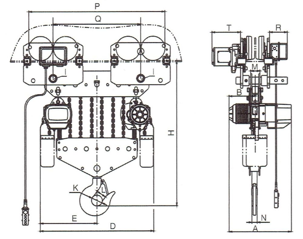 15、20、25t電動(dòng)運(yùn)行式環(huán)鏈葫蘆外形尺寸圖