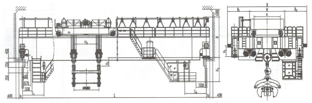 夾鉗橋式起重機外形機構(gòu)示意圖